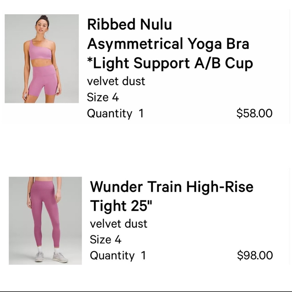 Wunder Train High-Rise Tight 25" velvet dust
Size 4 and bra set size 4